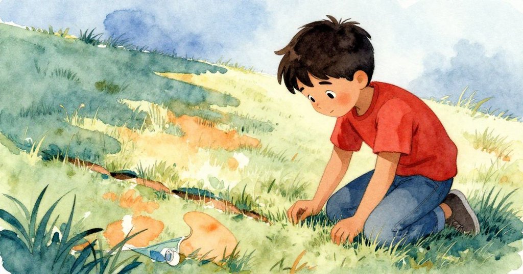 Griffon穿著紅T在草地上發現風箏袋痕跡，神情專注於溫暖陽光下，寧靜氛圍啟動冒險。