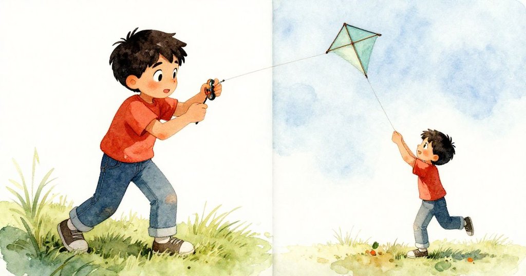 Griffon分鏡中一邊蹲下調整捲線器，一邊回憶風箏初升空時喜悅，動感與懷舊交融。