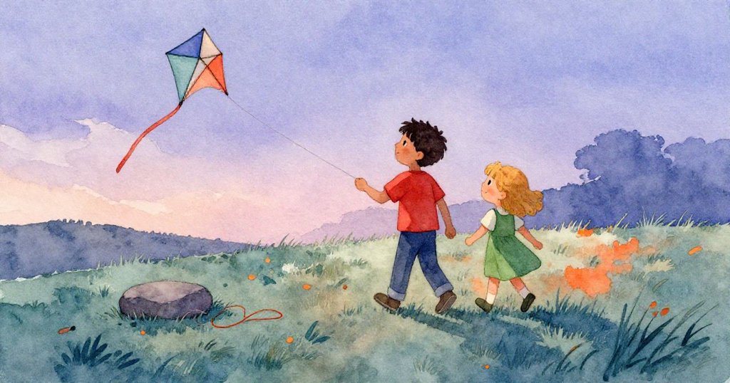 夕陽下Griffon與妹妹攜手歸家，風箏安臥石旁，草地靜謐，溫柔結束一日奇遇。