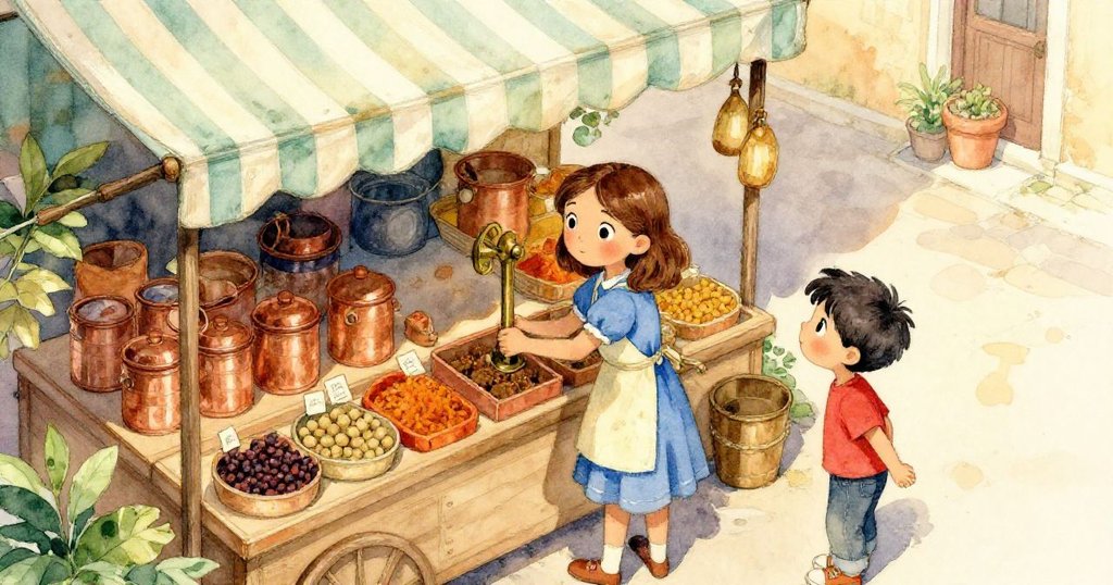 帕洛瑪在熱鬧香料攤上拉手柄,奧托在下面等待,金色晨光灑落,鳥瞰全景展現市場生動故事。