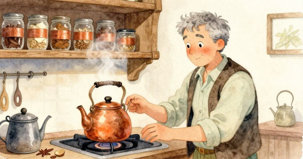 店內儲藏室中,銅壺冒著蒸氣,香料瓶散發微光,店主點頭示意,醞釀下一段故事轉折。