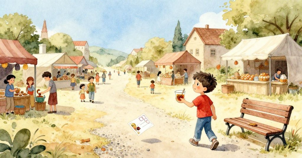 奧托拿著滿溢肉桂糖漿的杯子走向長椅,遠處明信片飄過碎石路,廣角刻畫故事落幕篇章。