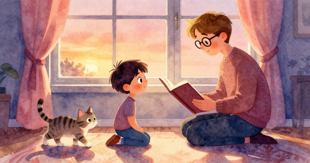 芬恩跪在彩繽紛地毯上探查標記,希思靜坐窗邊讀書,陽光灑落房間充滿溫暖和好奇心。