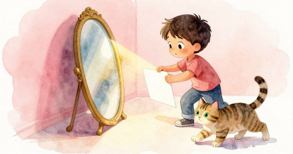 芬恩細心用量角器調整鏡子與平裝書,光束在白卡上跳躍,條紋貓靜靜注視,動作充滿專注。