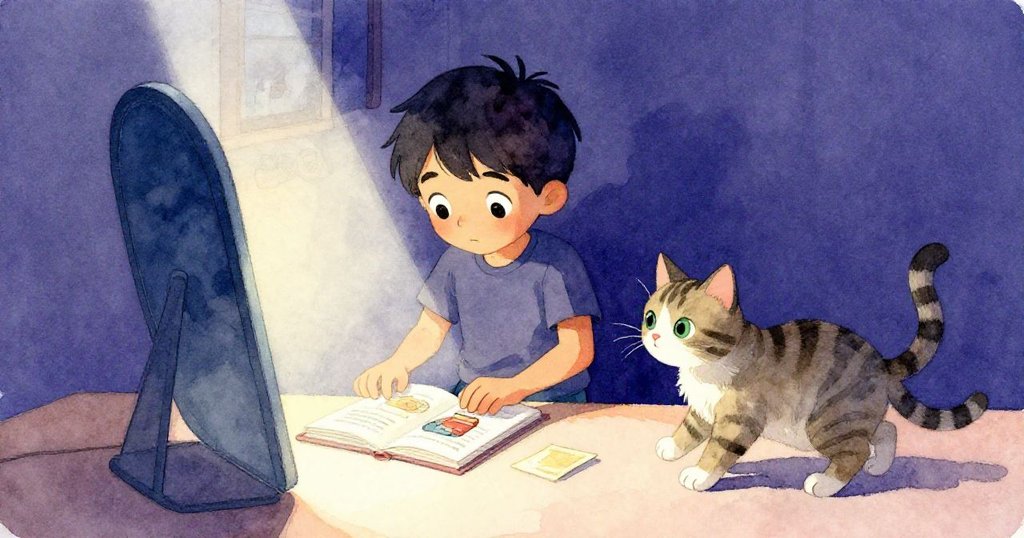 芬恩在隱秘桌角重新調整物品,將平裝書及筆記本擺好,條紋貓旁觀神情靜謐,光線微妙移動。