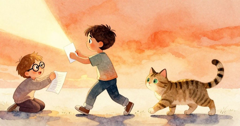 芬恩退後欣賞穩定光點,希思輕笑翻頁調侃膠帶,條紋貓安坐旁,溫暖光線表達慶祝心情。