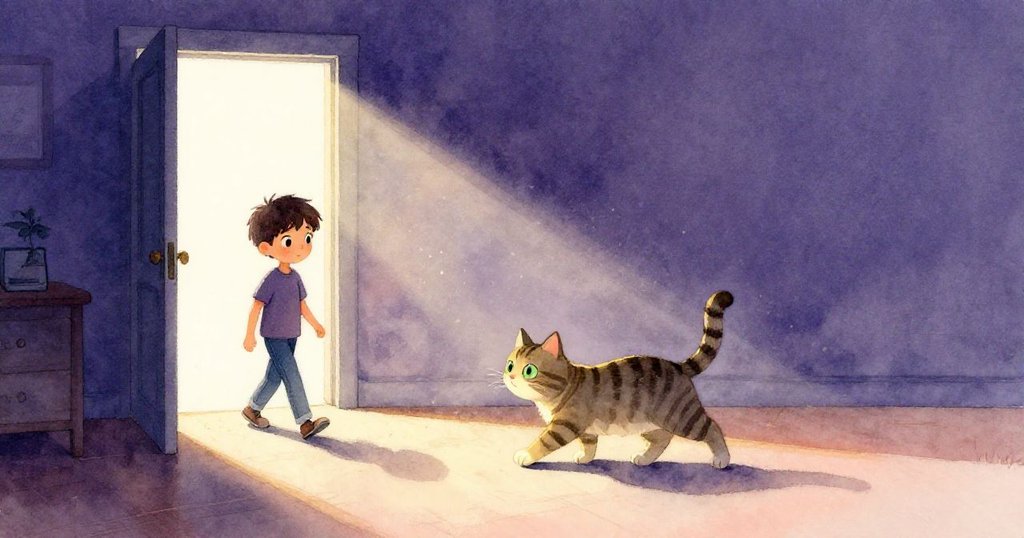 芬恩向開放門口走去,房內精心佈置的小物與飄動塵埃在光柱中呈現迷你世界,充滿沉靜與收尾感。