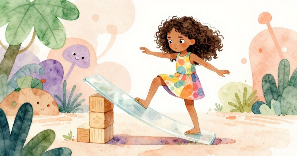 Zara從低角度展現平衡斜板的專注動作，手穩而表情堅定，背景具實驗元素，充滿活力與創意。