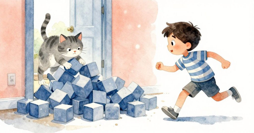 Sam在室內迅速穿梭收集散落積木，家庭貓在門邊頑皮推倒積木，動作生動且充滿活力。