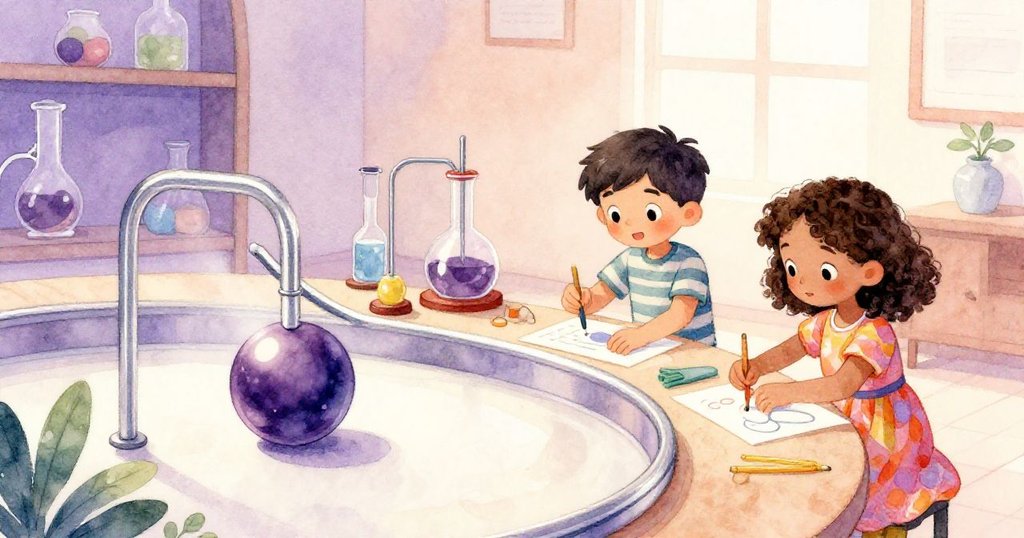 Sam與Zara在成功實驗後慶祝，藍灰積木和塑料熊貓幫助球體順利通過彎道，室內恢復和諧溫暖氣氛。