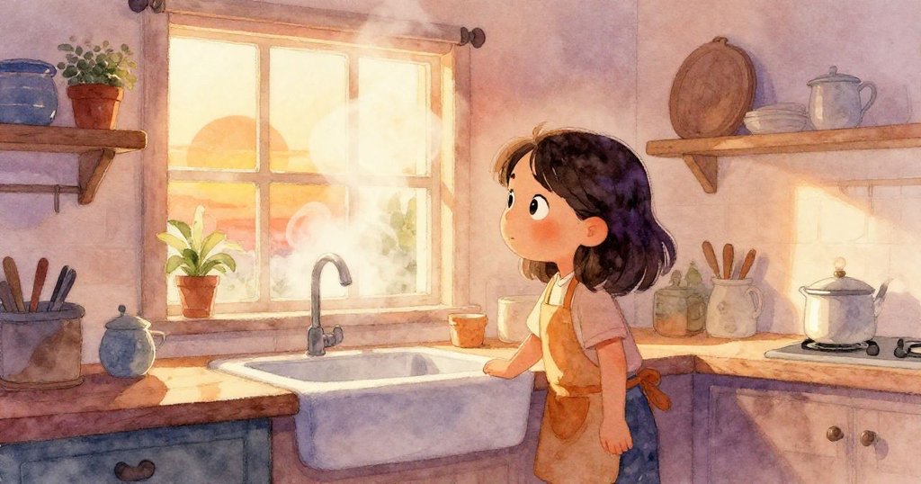 薩布爾在溫暖的廚房中安靜站立，透過霧氣朦朧的窗戶觀察周遭，神情平靜且充滿期待。