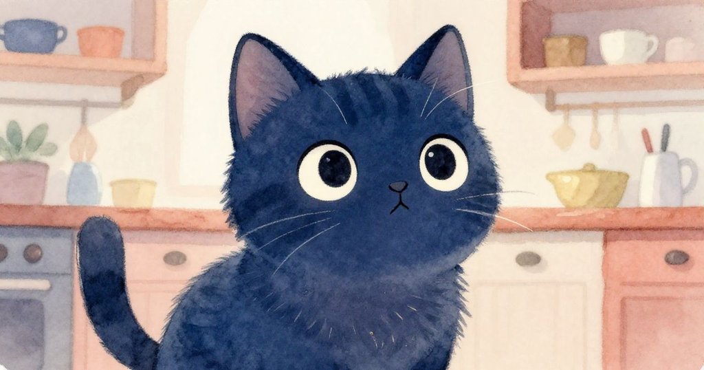 廚房中，家貓以好奇的眼神嗅著空氣，從低角度看出的柔和色彩映襯著溫暖的室內環境。