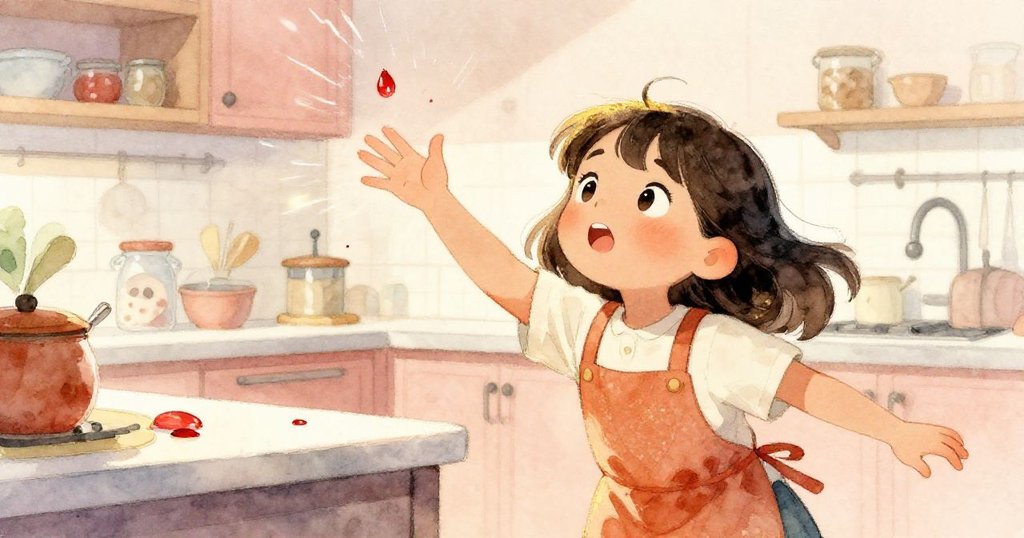 薩布爾迅速伸手擦拭從混合物中滴落的紅色細線，動作充滿活力，櫃臺上洋溢著溫暖而動感的光影。