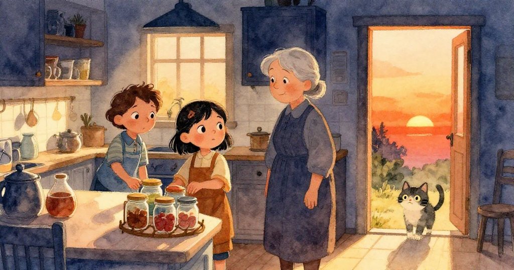 薩布爾將裝滿混合物的罐子輕放在架上，祖母微笑點頭，而家貓從門口安靜離去，象徵著溫馨的結局。