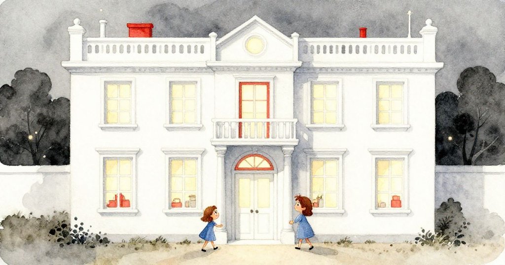 Luna 穿著藍裙在傍晚時分走向柔光映照的圖書館外景，表情充滿期待與寧靜。