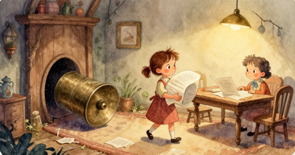 Luna 小心翻閱封面破舊的食譜，書脊以布膠修補，展現溫柔神秘情懷，細節豐富。