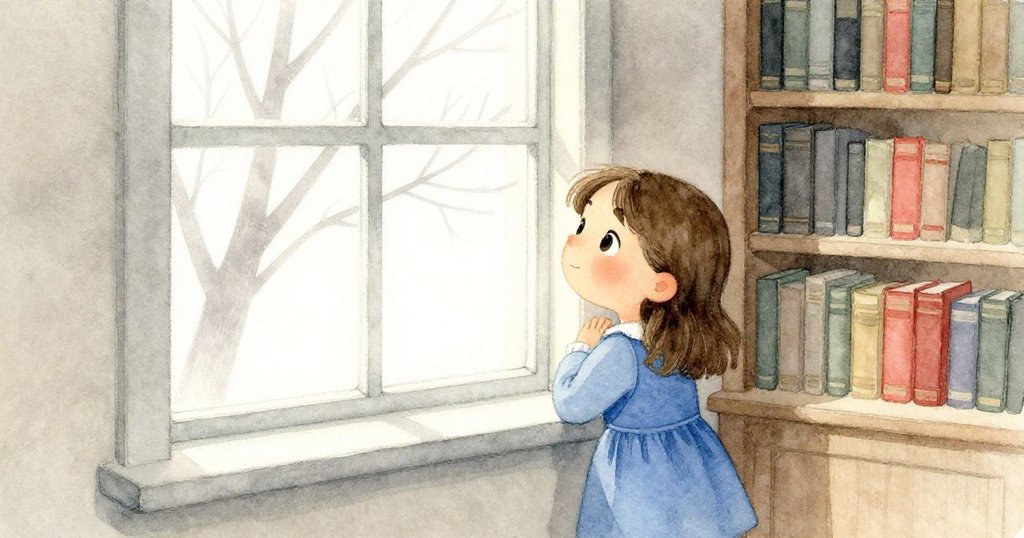 Luna 坐於溫馨圖書角落，窗外裸露樹枝顯示冬季，柔光滲透室內散發寧靜思考情緒。