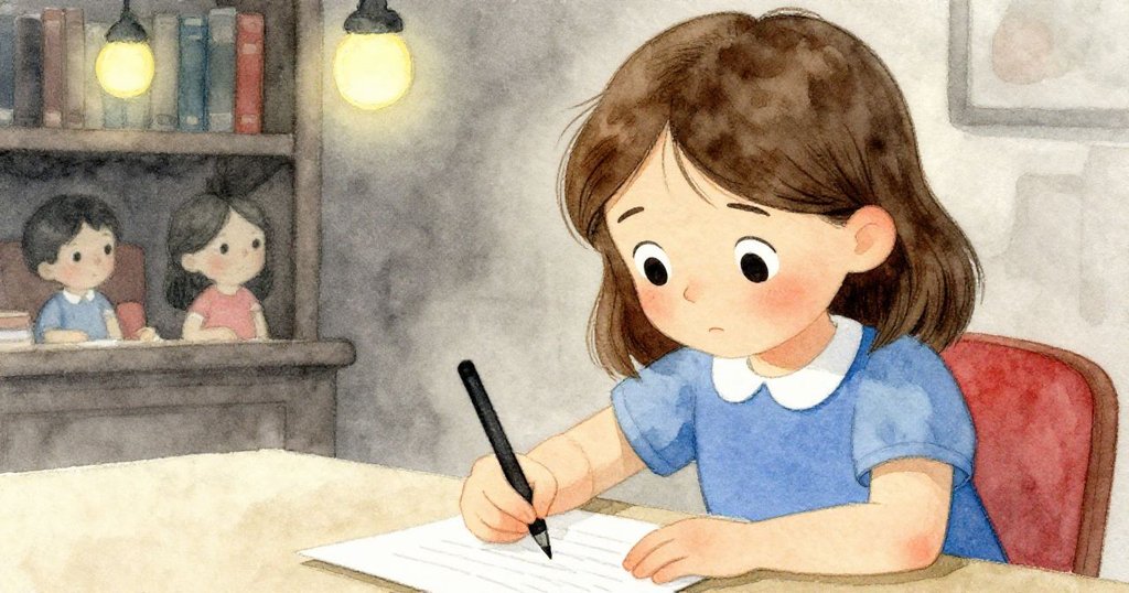 燈光微暗中，Luna 表情凝重地在筆記本上修正濃縮的食譜，緊張與果斷交織。