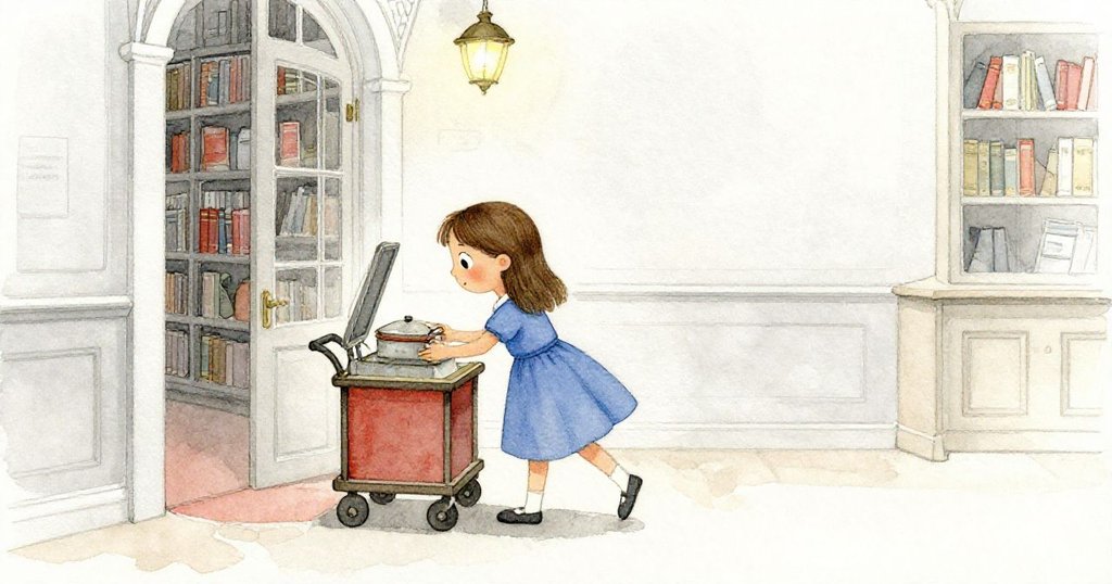 Luna 輕輕合上舊食譜，攜帶寶貴筆記緩步走向門廳，離別中情感交織，燈光逐漸熄滅。