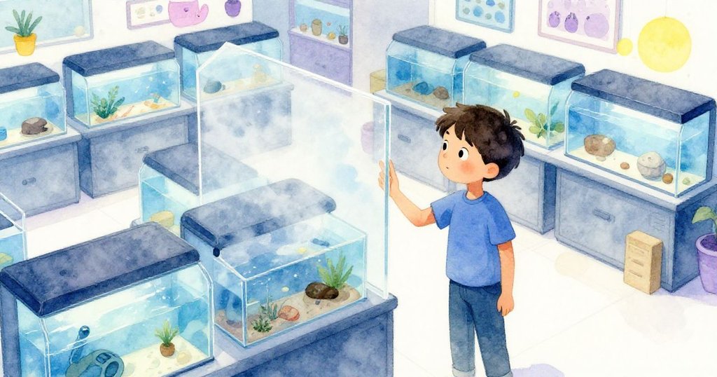 Yves從高空俯瞰水族館通道, 伸手觸摸蒙霧玻璃, 背景藍光燦爛, 神情充滿期待與好奇, 敘述故事起點。