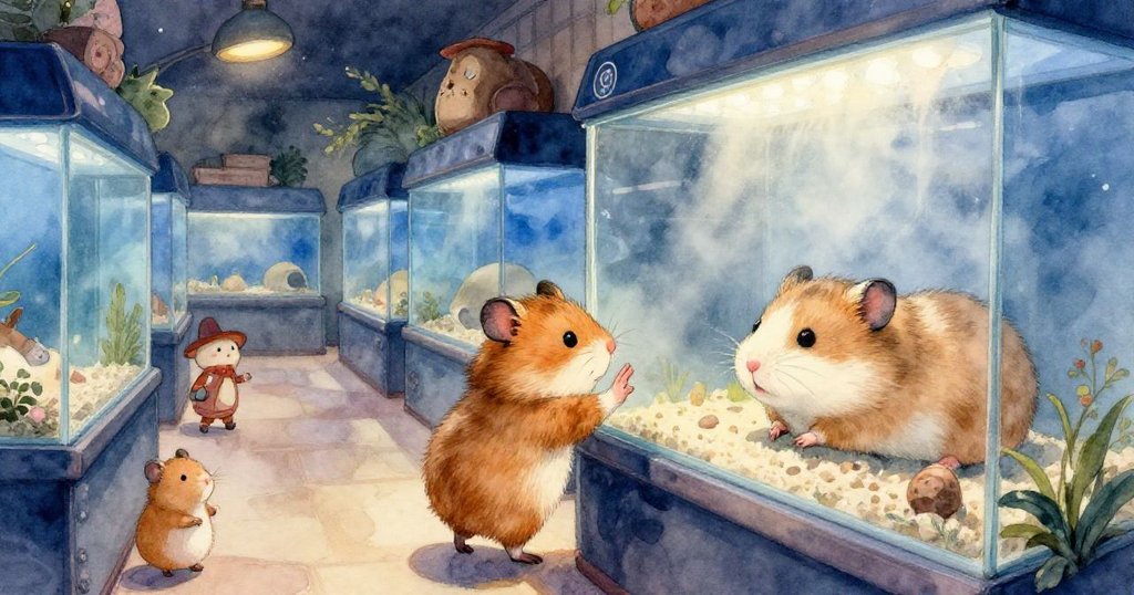 倉鼠從低角度望向柔軟床鋪與飼料, 與伙伴互動, 燈光溫柔, 敘述內部溫馨細節。