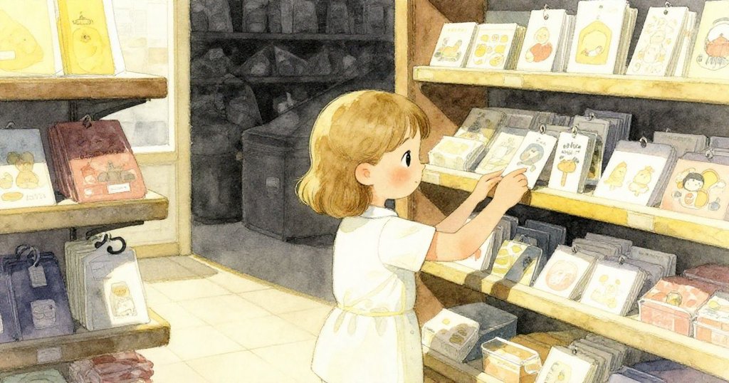 Ruby在隱蔽角落細查產品標籤, 神情專注, 附近商品整齊陳列, 與店內溫馨氣氛交織展現故事發展。