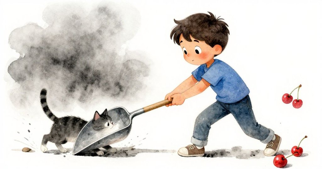 Yves急速撿起滾動金屬勺, 貓尾輕觸引發小混亂, 展現故事高潮中的動感與緊張情緒。