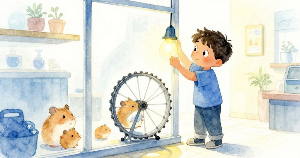 Yves調整燈光並擦拭滾輪, 霧氣隨玻璃流動消散, 展現故事平和收尾, 氣氛由緊湊轉為溫暖安寧。