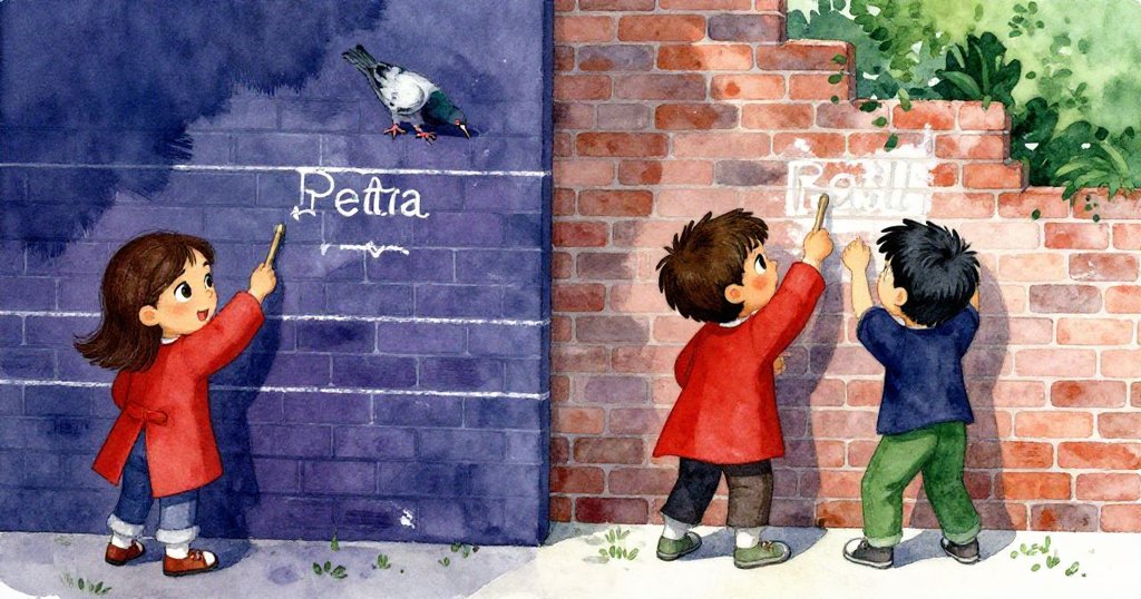 從高空眺望，Petra與Basil在溫暖磚牆前忙碌，鄰邊正進行漆畫作業，陽光下充滿希望與緊張感。