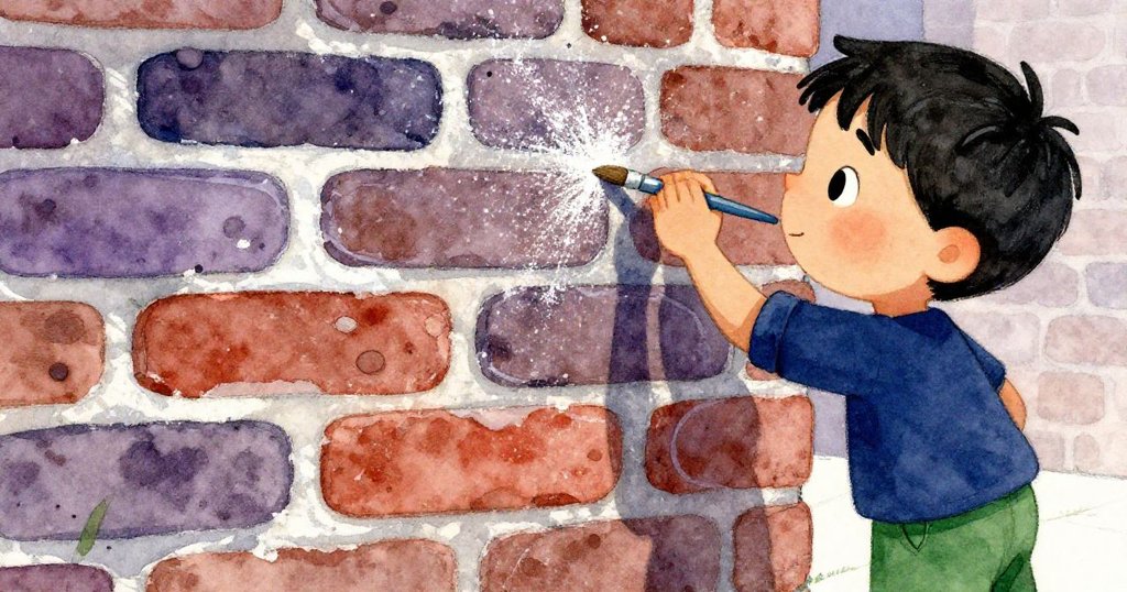 鏡頭聚焦粗糙磚面與粉刷工具細節，Basil專注操作刷子，細膩質感訴說努力與汗水。