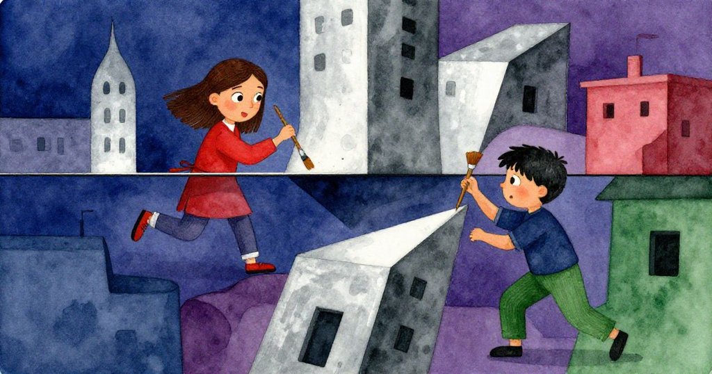 畫面呈現非凡視角，錯綜幾何中展現消失卻替代的界線，兩人動作流暢充滿創意。