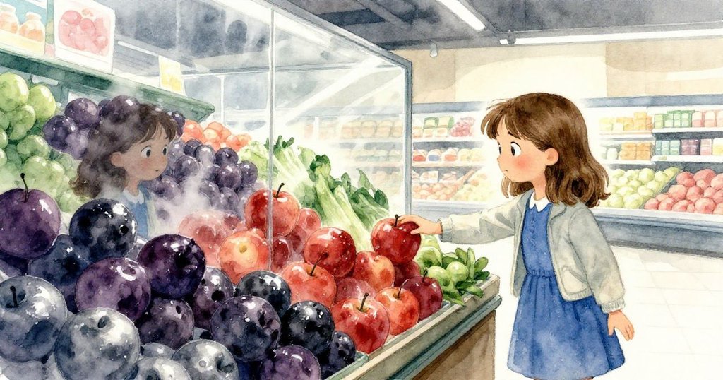 凱拉在重新排列的農產品區觸摸著有霧氣的蘋果,玻璃反射出她好奇的眼神,場景呈現現代超市內部。