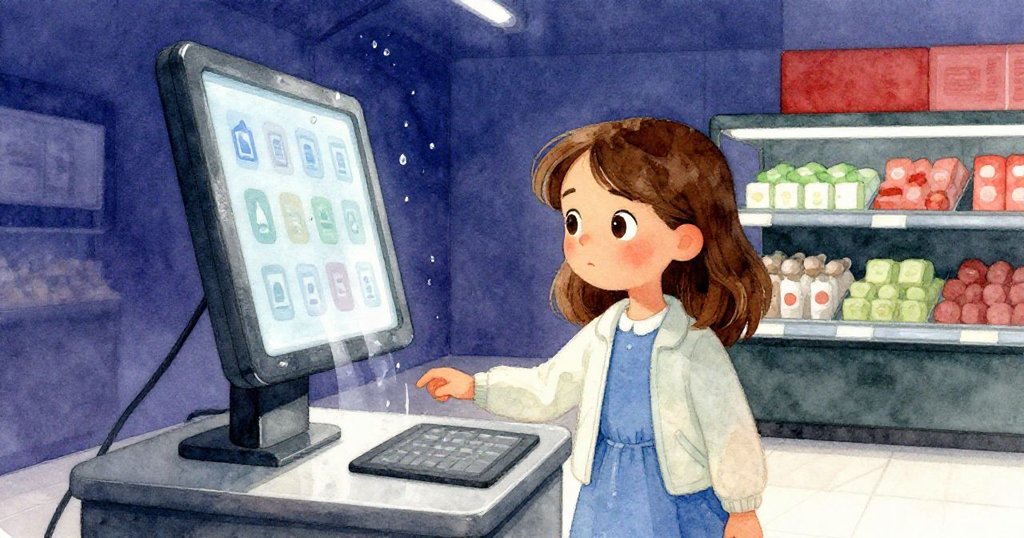 凱拉在自助結帳機上輕觸濕潤的玻璃屏幕,雖驚訝但堅定,背景隱約見到蘋果和現代超市的一角。