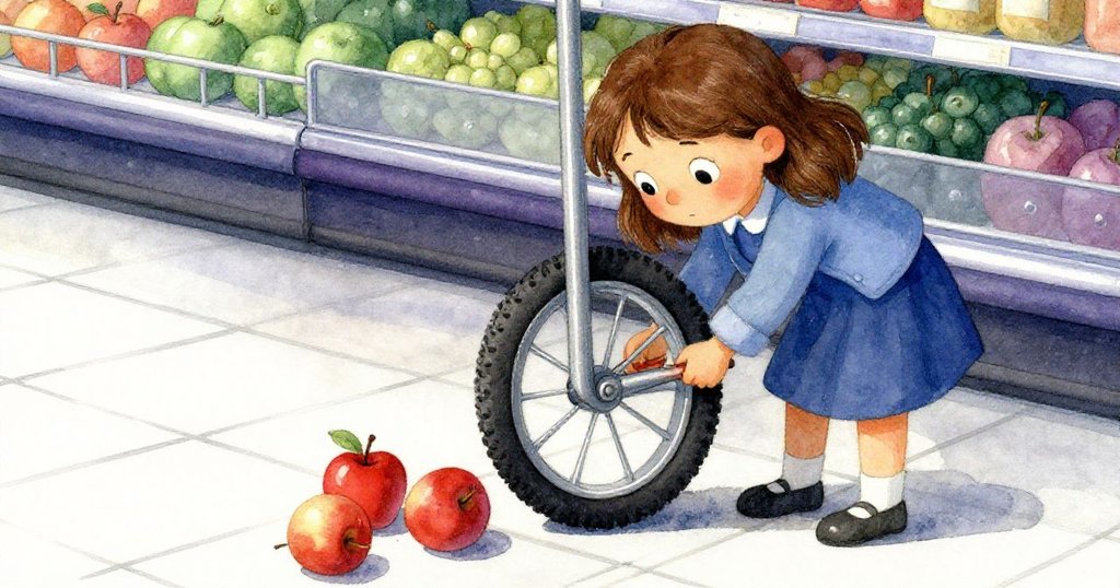 凱拉彎腰調整推車,前輪卡住金屬縫隙,蘋果輕輕碰撞展現現實與科技間的混亂,場景動感緊湊。