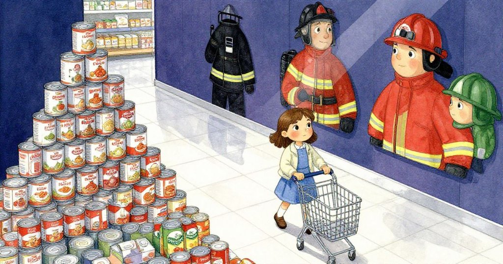 從高處俯視,凱拉推著購物車穿過光亮的瓷磚區域,旁邊堆著罐頭湯,消防員壁畫柔和映入眼簾。