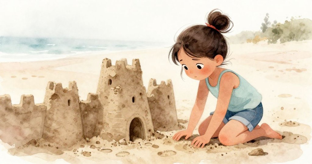 Tamsin在晨霧中的沙灘上彎腰用手觸摸濕沙,表情專注,背景展現柔和光線和遠方海平線。