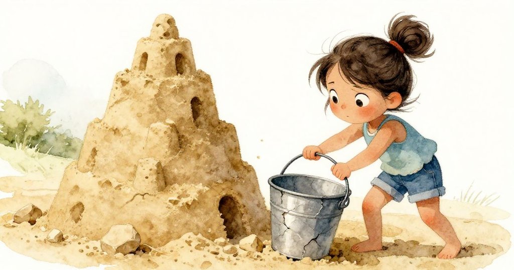 Tamsin細心舉起破舊水桶,靠近半成型沙塔,手感觸沙質細節,臉上透露著專注與思索。