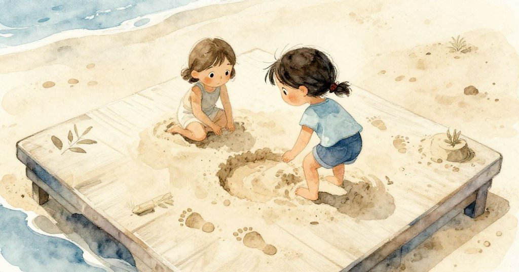 從高處俯瞰,Tamsin正仔細檢視沙灘上留下的足跡和搖搖欲墜的沙牆,表情專注,呈現自然柔和光線。