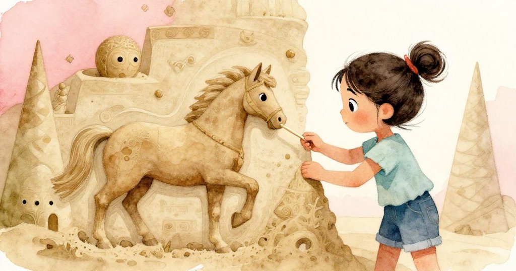 Tamsin專注地用冰棒棍雕刻沙牆上的小馬,沙牆多層奇妙結構展現藝術感,背景暖色光線營造夢幻氛圍。