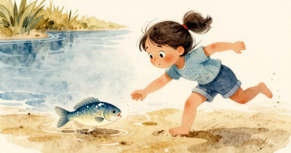 Tamsin快速伸手捕捉閃亮藍鱗片,動作靈活,濕沙上反射出微光,背景呈現海水退潮情景。