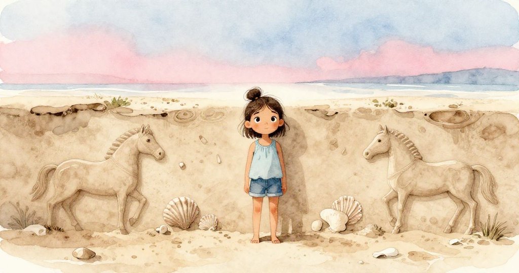 Tamsin滿懷驕傲站在精緻沙牆前,牆上刻有小馬,四周佈滿貝殼,背景展現柔和陽光和開闊海灘。