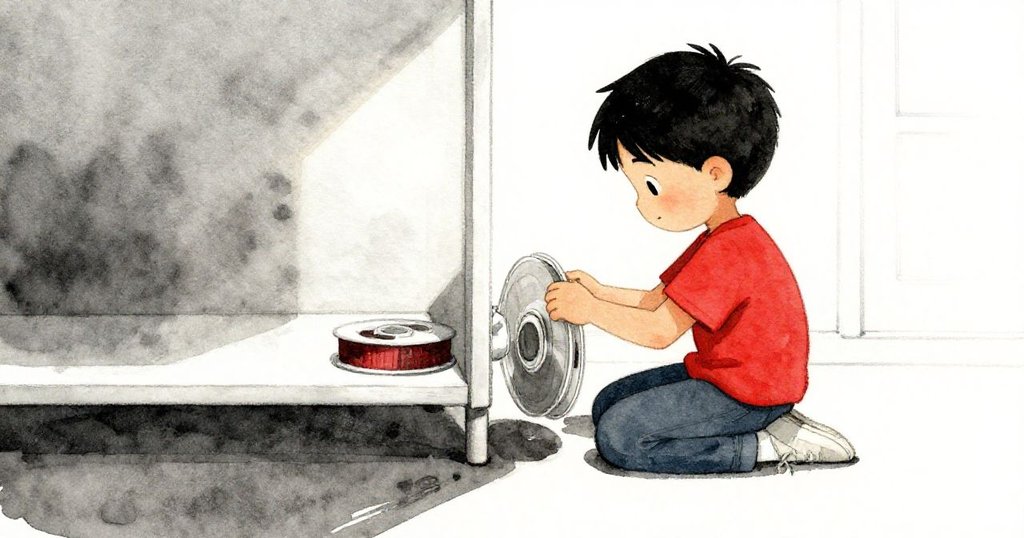 馬可站在書架旁仔細觀察只有三條彎曲橙色膠帶的捲筒,室內靜謐溫暖,表情平靜展現故事開端