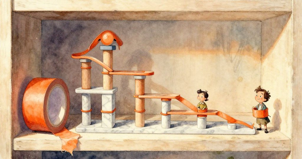 馬可的手輕觸著大理石軌道上鮮亮的橙色膠帶,細節清晰展現象徵意義,氛圍沉靜