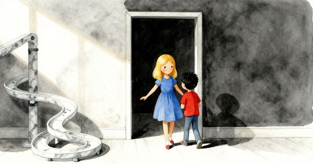 露西婭從門口走進室內,與馬可和喬爾共聚大理石軌道,光線由晨轉午後,溫暖柔和,情緒明快