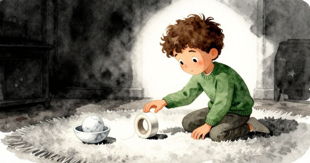 喬爾輕觸漸薄膠帶,地毯上大理石安穩躺於碗中,室內氛圍留白含蓄,結局引人深思