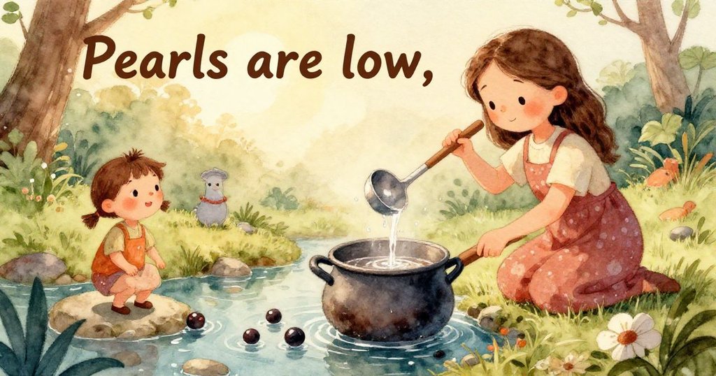 莉莉輕握湯匙，聚焦於鍋中光澤暗沉的珍珠，水紋細膩流動，溫柔細節展現。