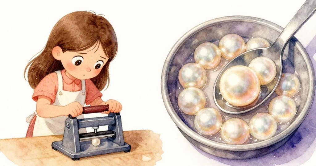 莉莉左側專注按壓封口機計數，右側湯匙安放於鋼邊上，珍珠因冷氣失去光澤，對比明顯。