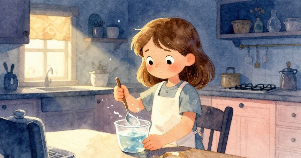 莉莉於廚房過渡空間中溫柔旋轉湯匙，水面溫暖反光，神情沉思中蘊含祖母智慧。