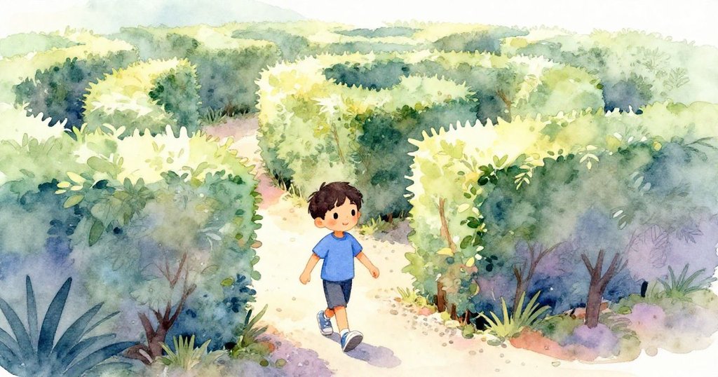 Rafael穿著藍色T恤和運動鞋，揮舞著藍匙子踏入充滿綠意的迷宮入口，臉上流露出期待與興奮。