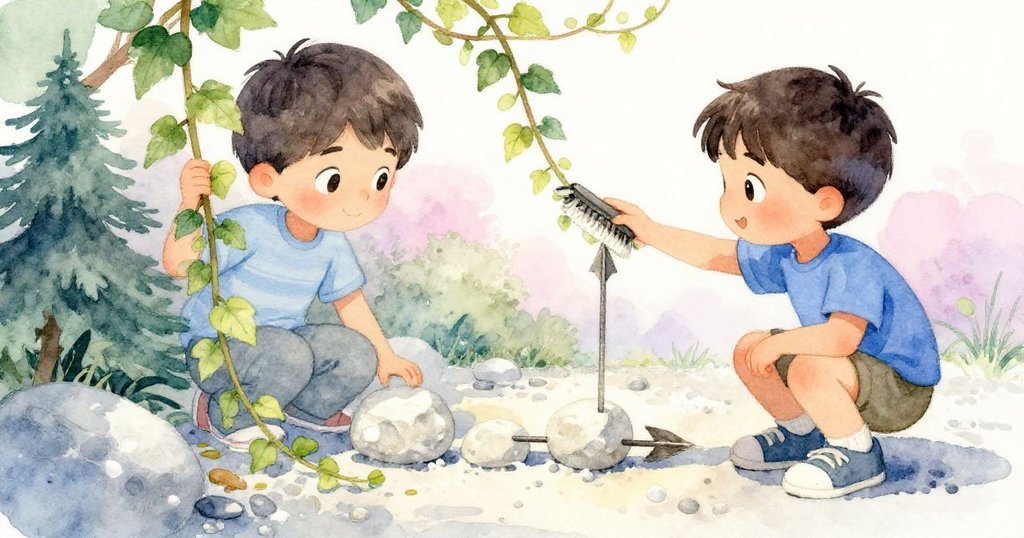 Rafael在狹窄走道中撥弄藤蔓，注意到地上排列著的淡色石箭，神情專注，展現微妙對比與探險心情。